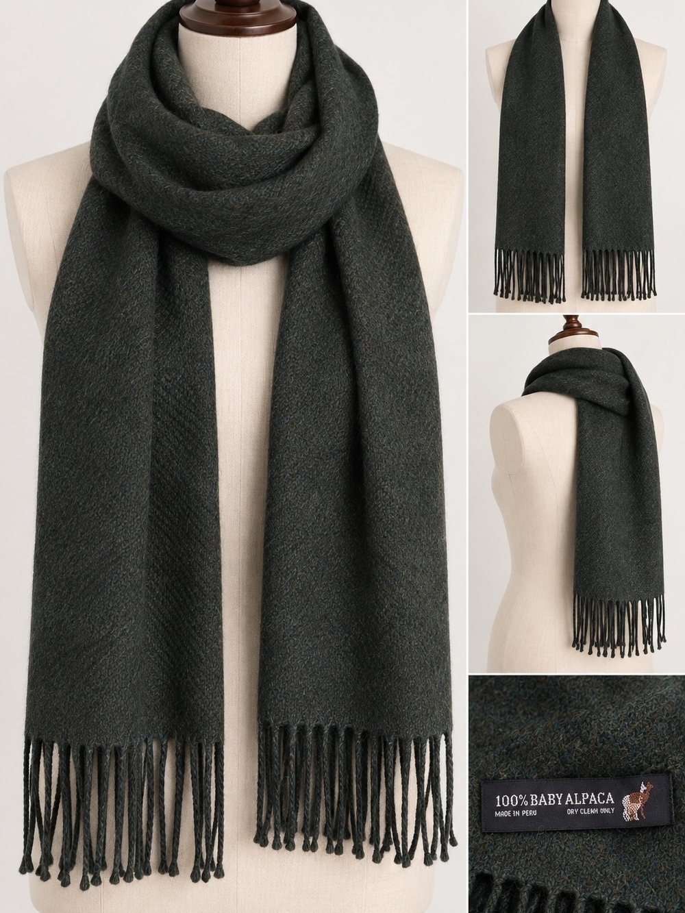 100% Baby Alpaca Dark Green Unisex Fringe Scarf Minimal Luxury Cold Weather